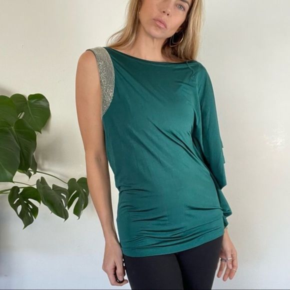 Robbi & Nikki 💚 One Sleeve Blouse Silver Beaded Lined - Picture 2 of 12